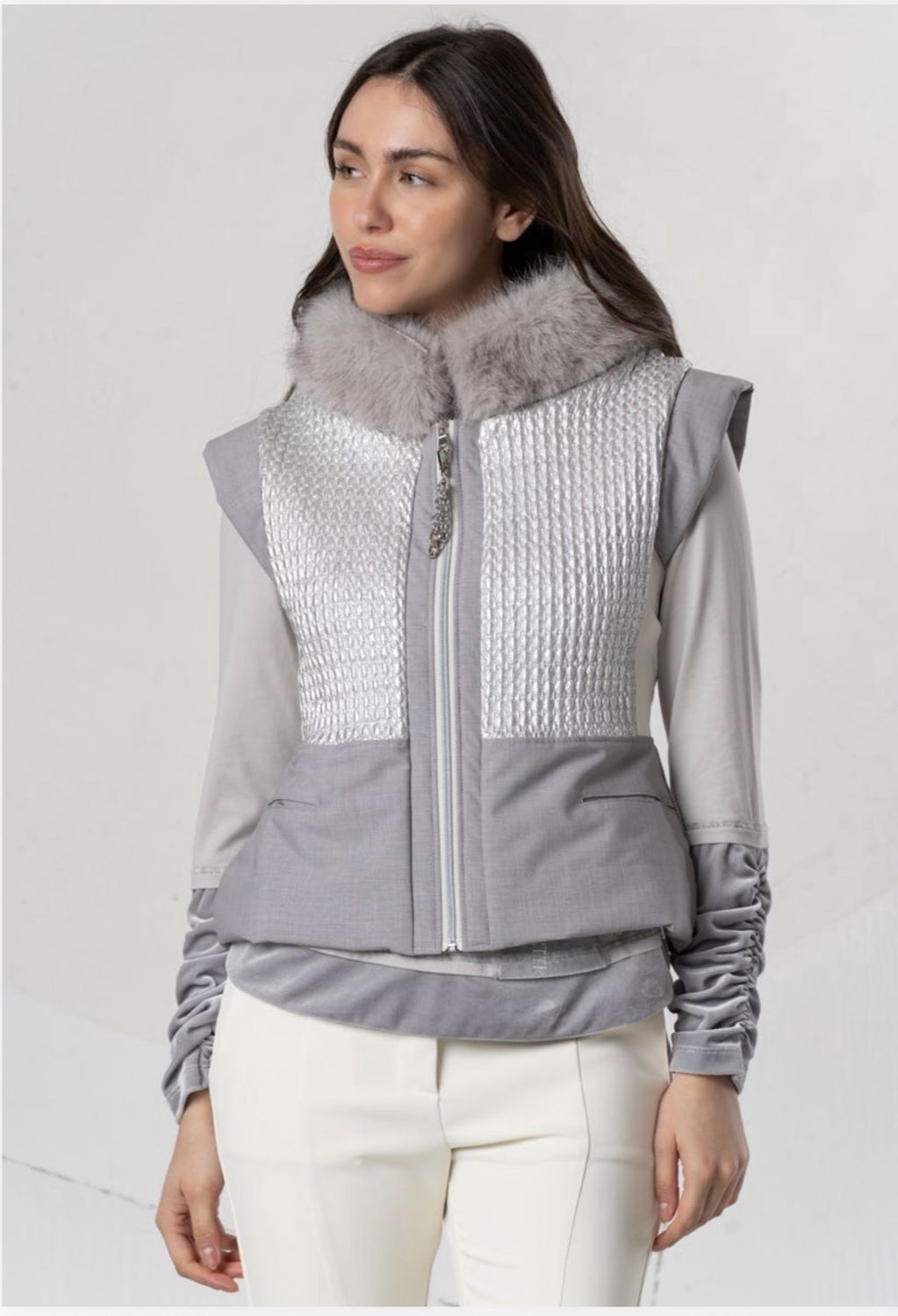 Elisa Cavaletti - Waistcoat fur collar metallic detail Glaciale Light Grey
