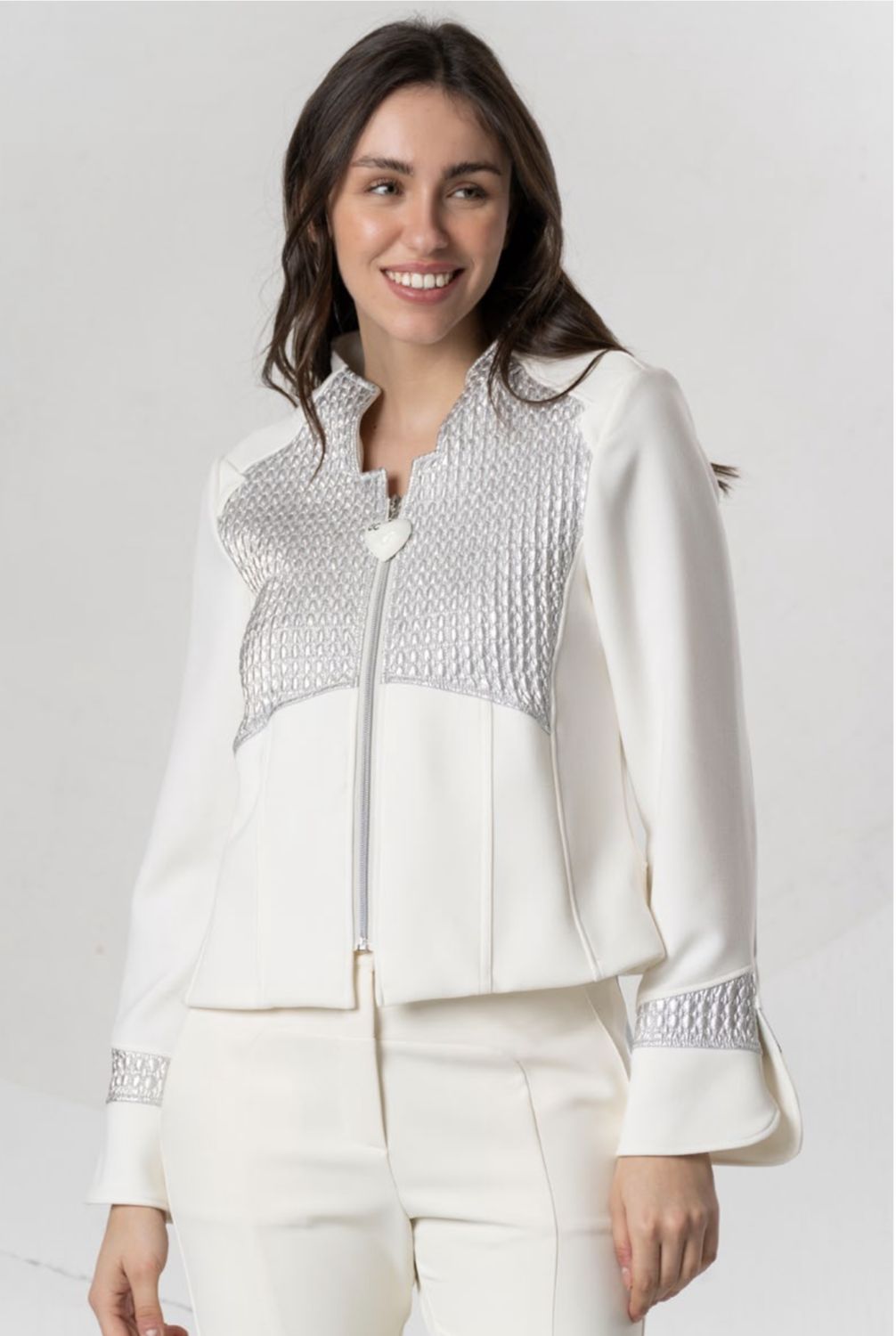Elisa Cavaletti - Jacket metallic front zip fitted back Off White