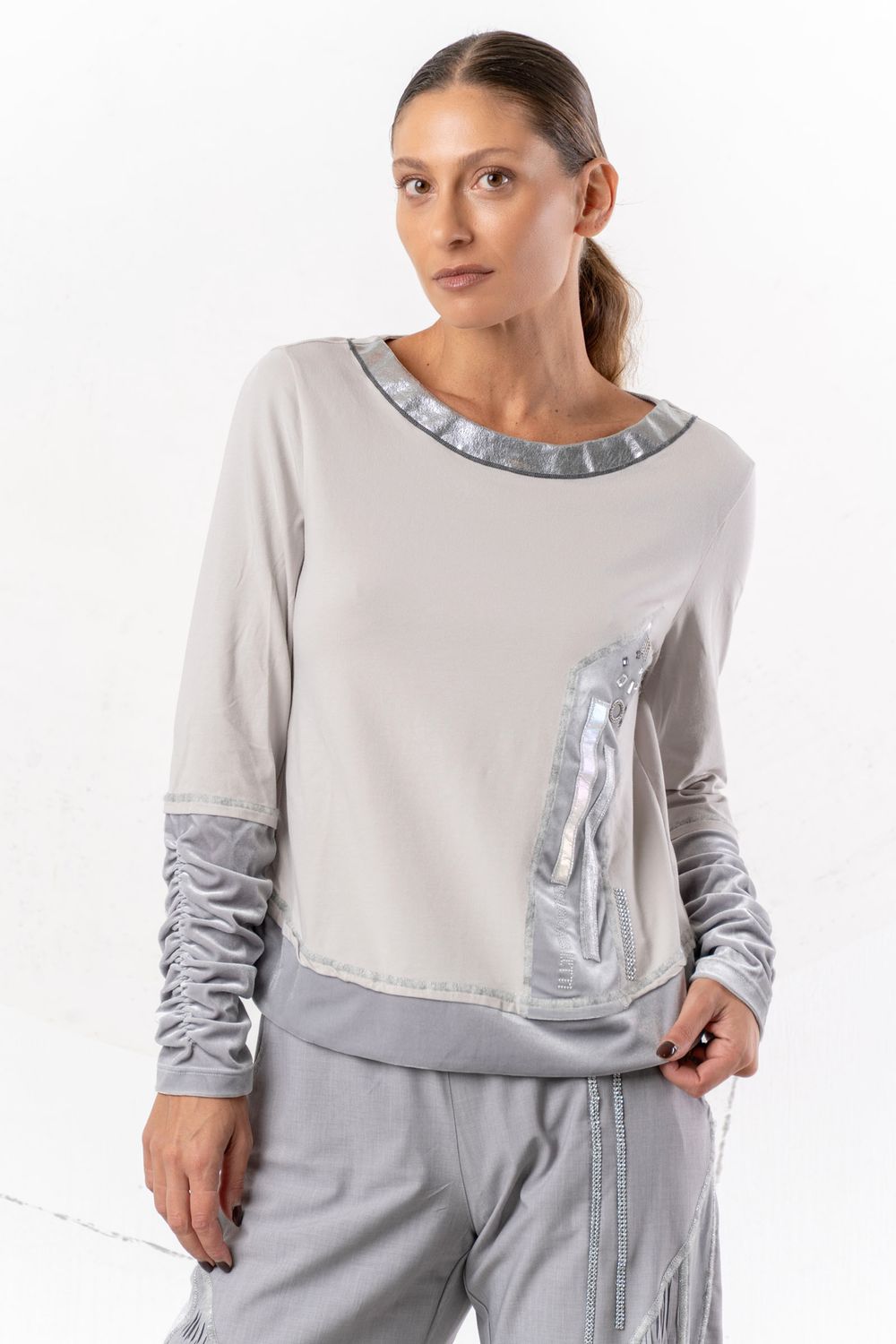 Elisa Cavaletti - Top round neck velvet rushed sleeves Glaciale Light Grey