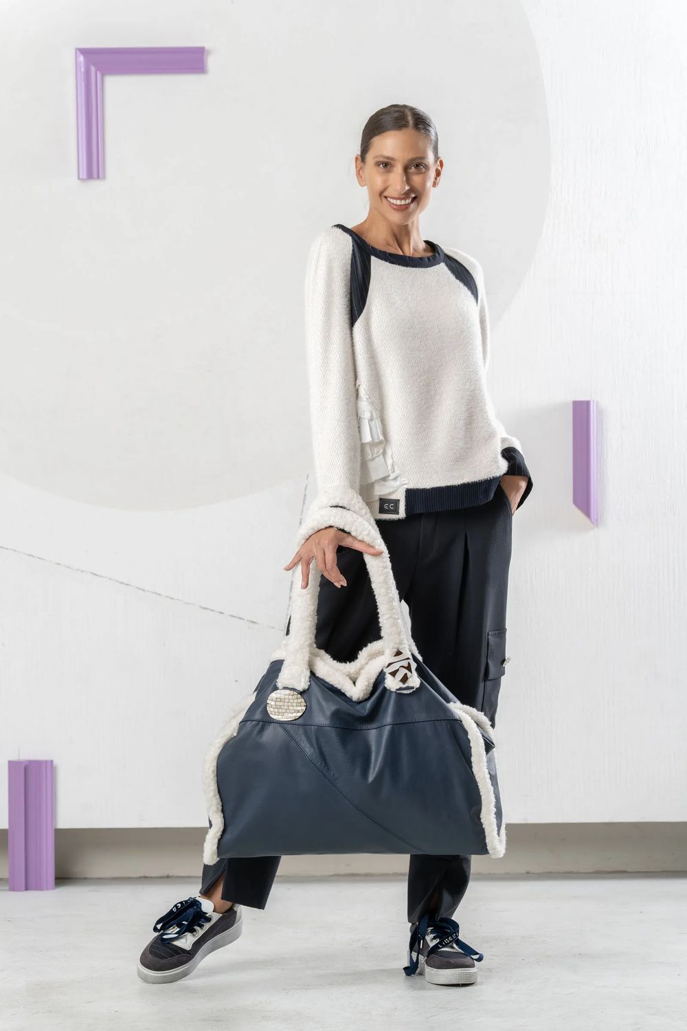 Elisa Cavaletti - Bag big size white handles Fumetto Navy