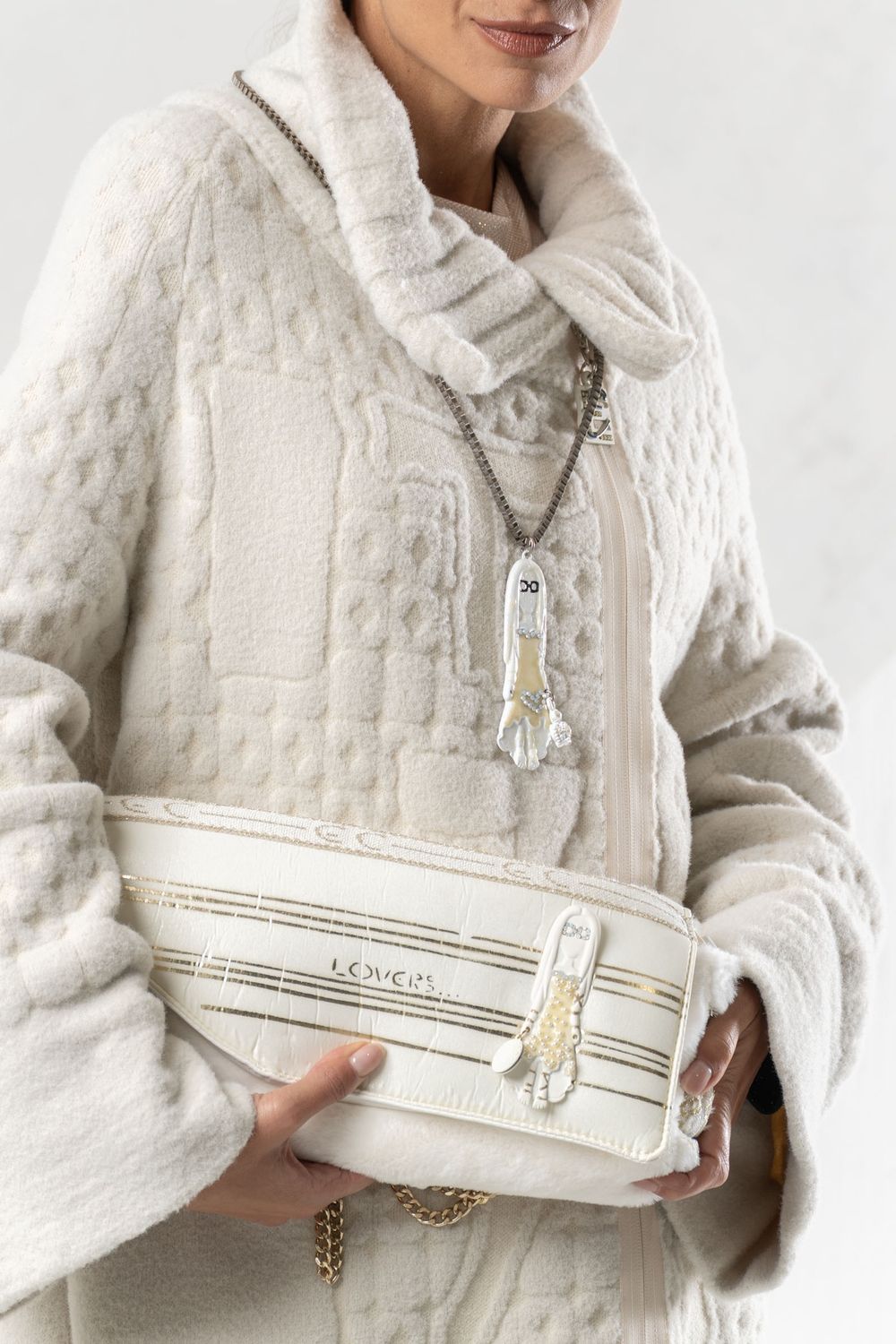 Elisa Cavaletti - Bag with silver print Gold chain Off White