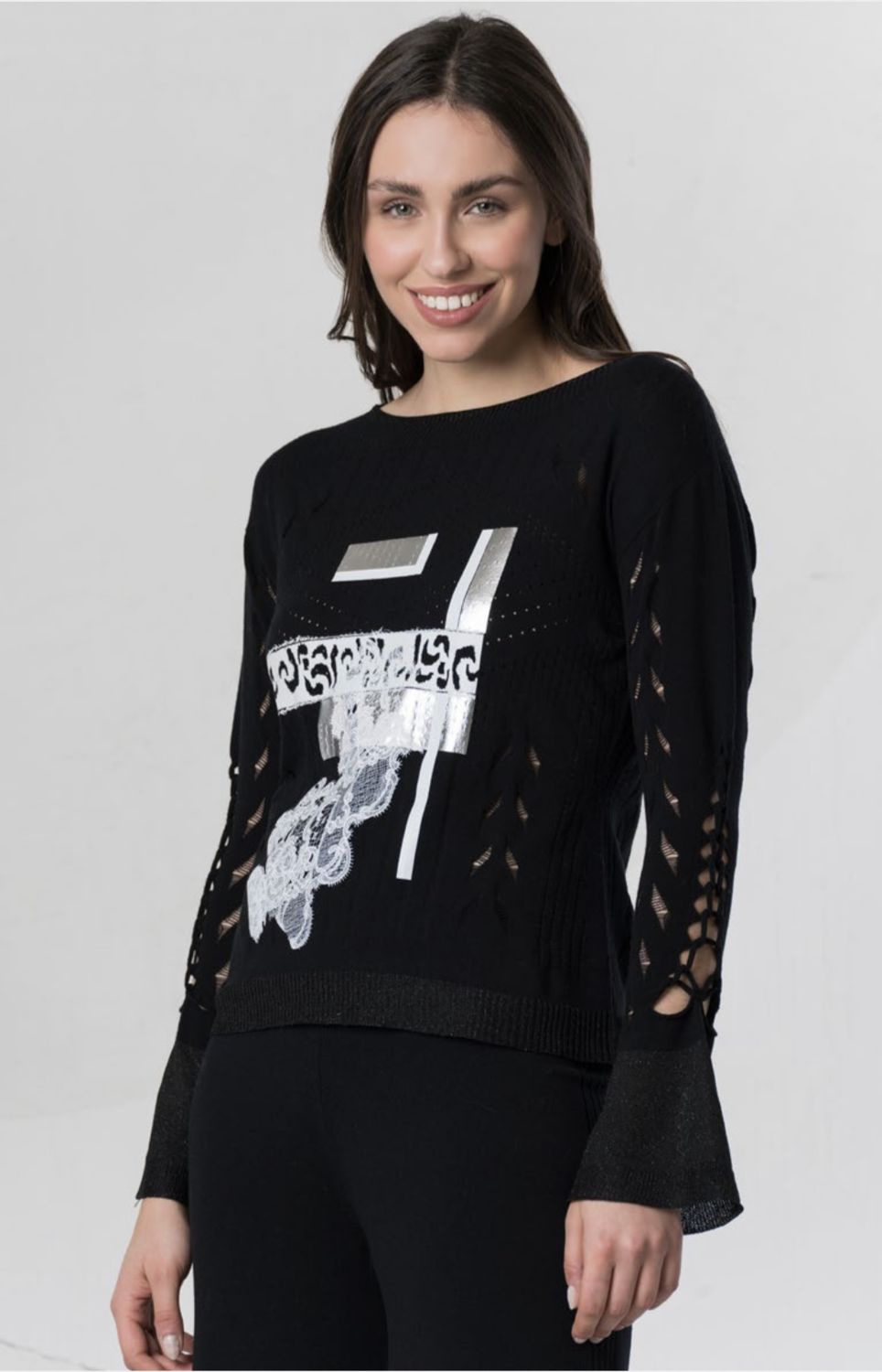 Elisa Cavaletti - Jersey crochet white lace bell sleeves Black