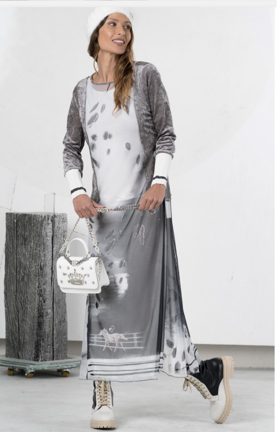 Elisa Cavaletti - Dress long velvet sleeves Light Grey