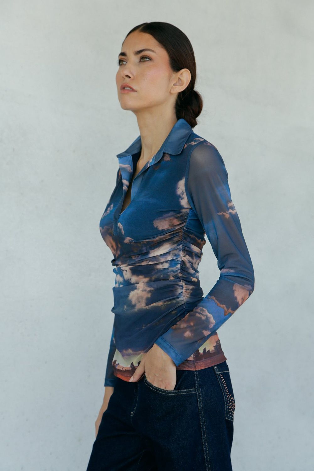 Leslie Monte Carlo - Top stretch mesh with shirt collar