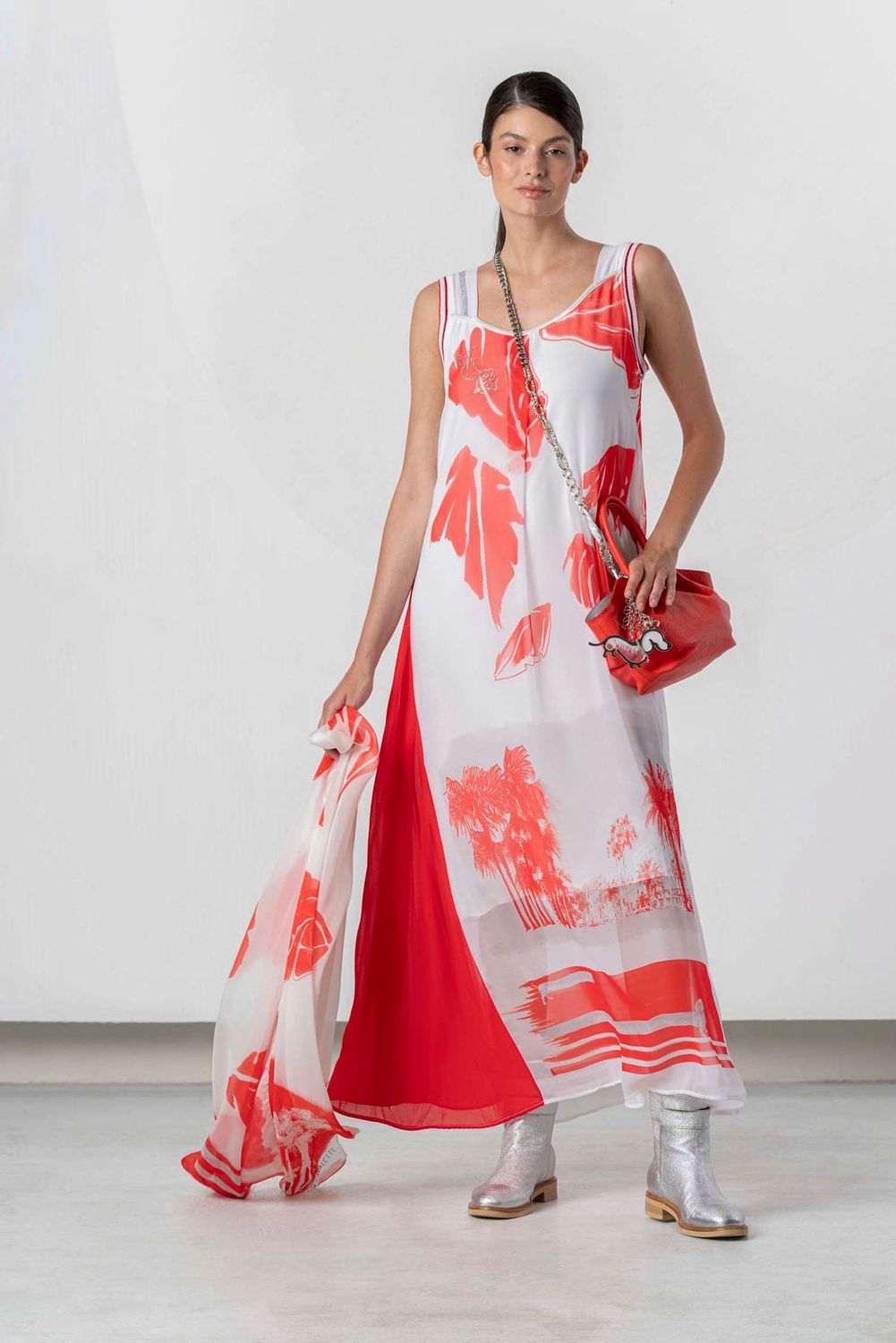 Elisa Cavaletti - Dress long georgette red leaves print