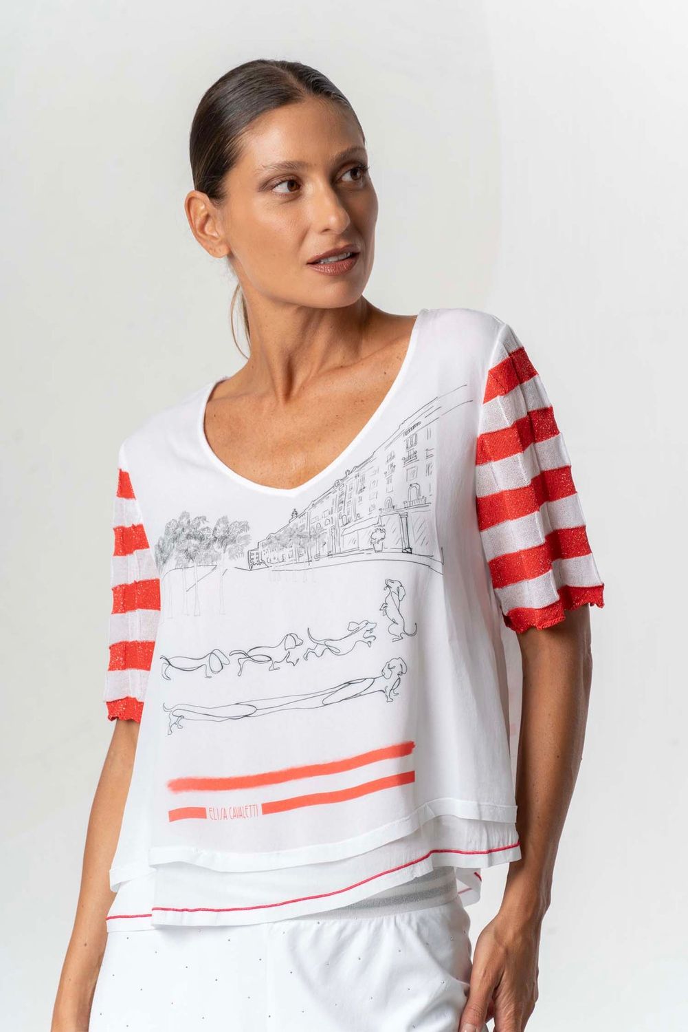 Elisa Cavaletti - Top georgette red stripe short sleeves