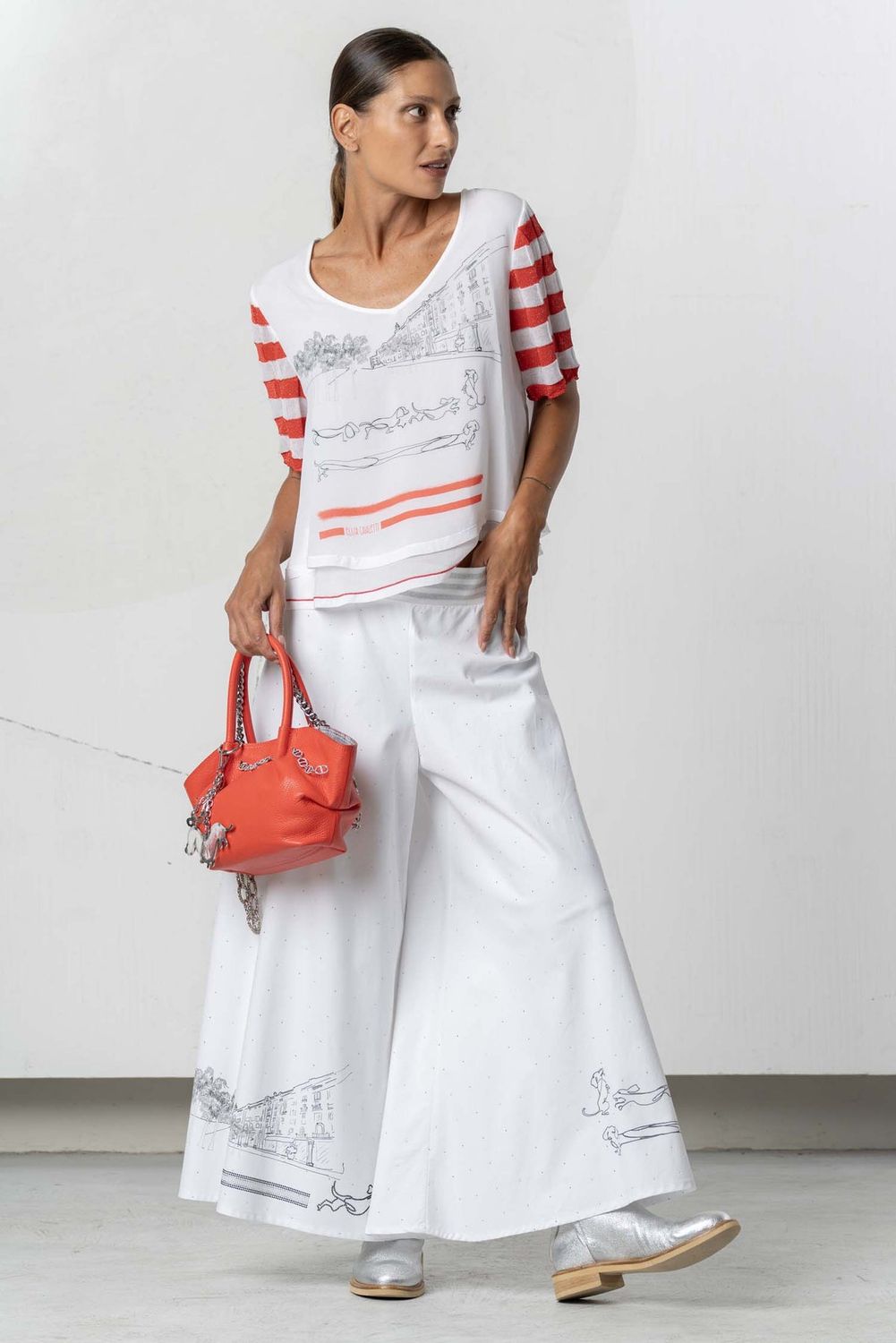 Elisa Cavaletti - Top georgette red stripe short sleeves