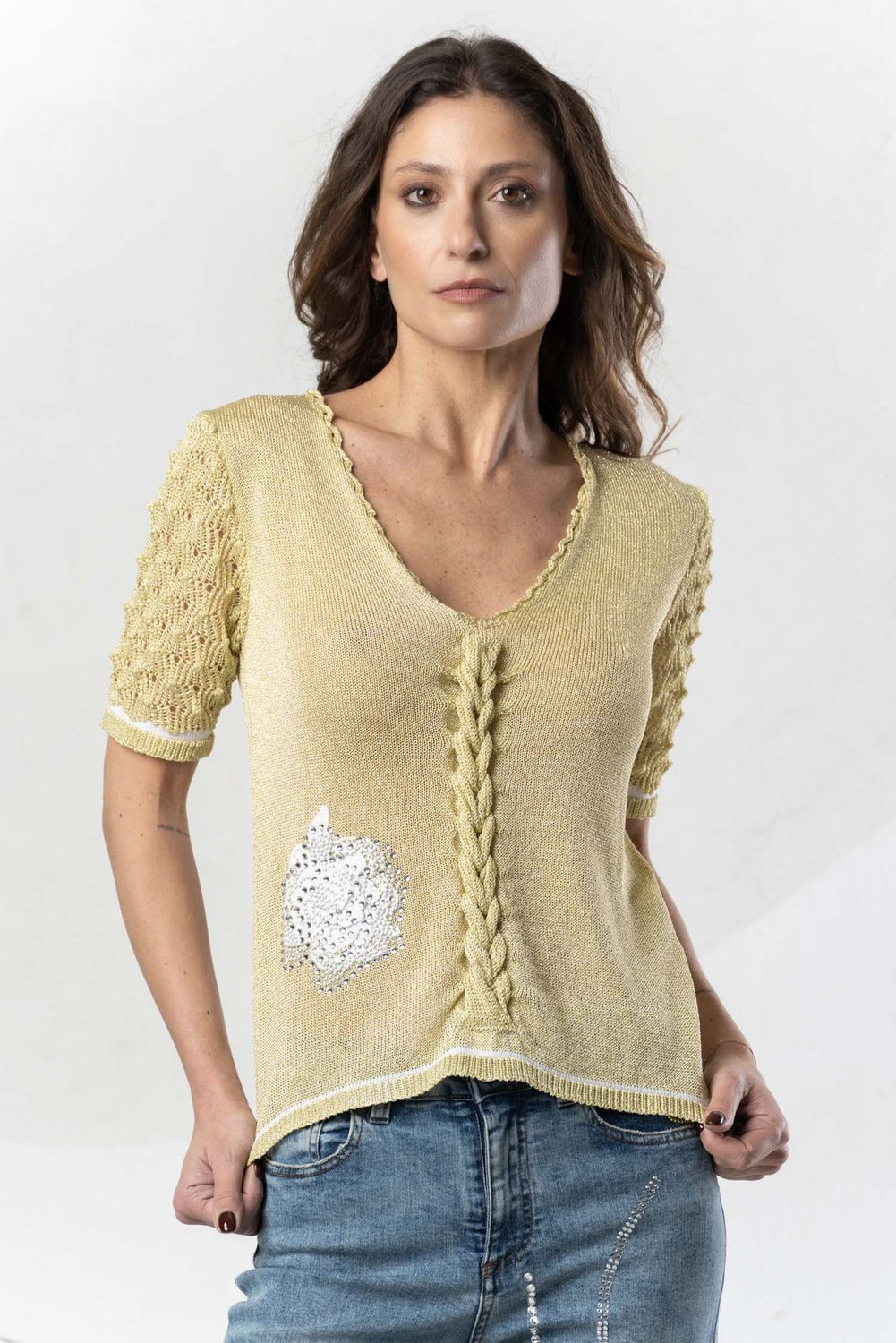Elisa Cavaletti - Top knit side flower sequence lurex with braid