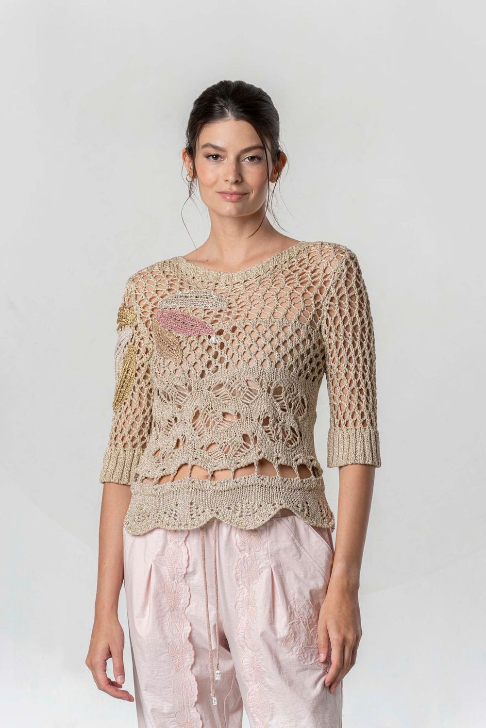 Elisa Cavaletti - Top knit floral embroidery gold lurex
