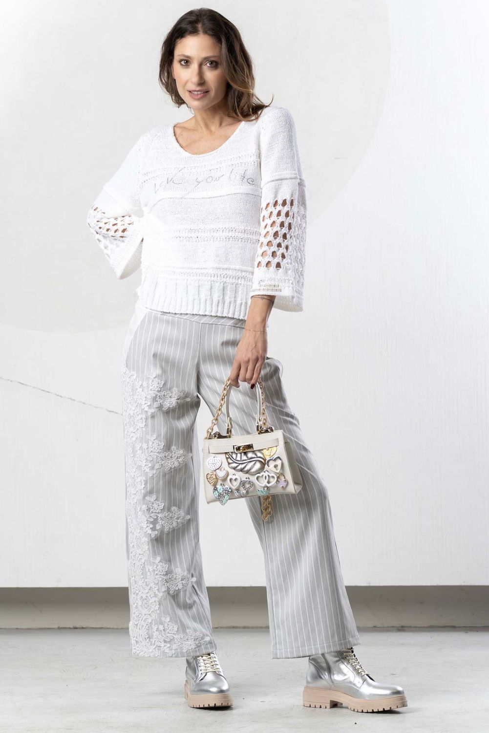 Elisa Cavaletti - Palazzo pinstripe light grey with lace
