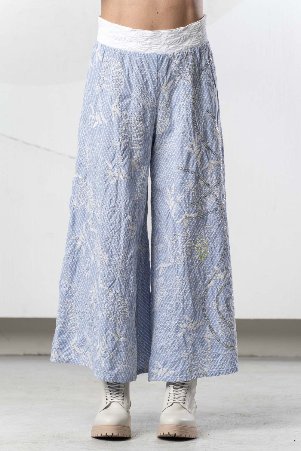 Elisa Cavaletti - Palazzo light blue stripe with embroidery and crystals