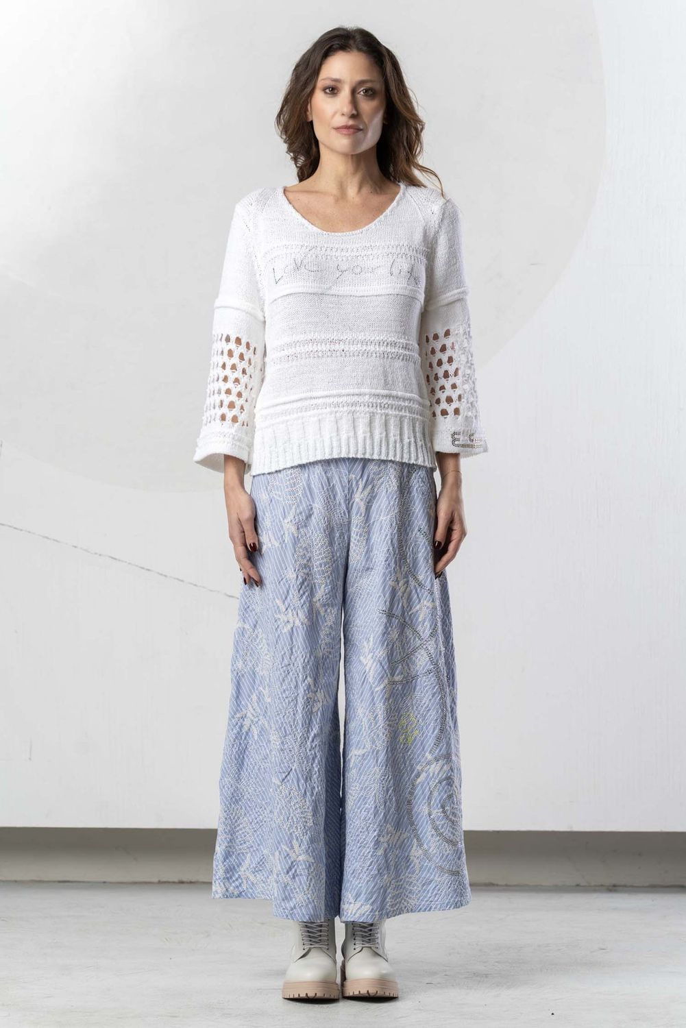 Elisa Cavaletti - Palazzo light blue stripe with embroidery and crystals