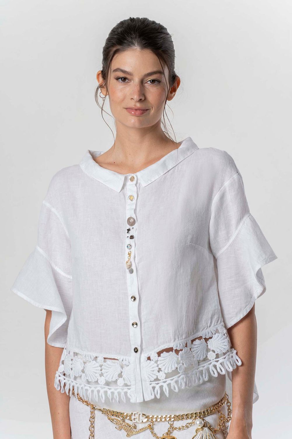 Elisa Cavaletti - Shirt linen with shell macrame embroidery
