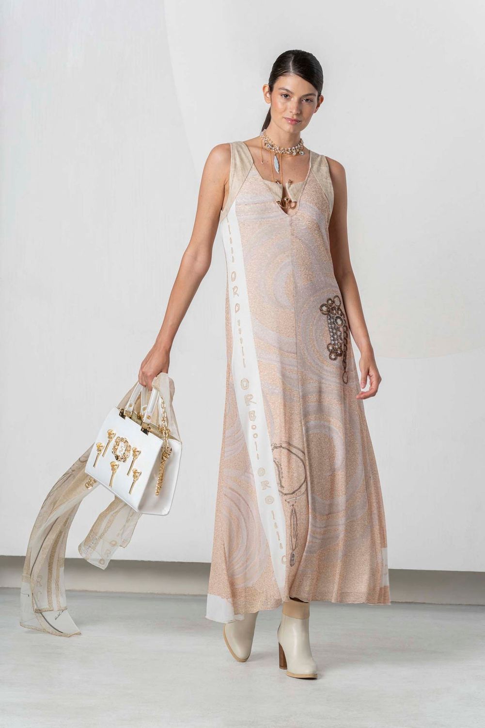 Elisa Cavaletti - Dress long beige and gold all over print