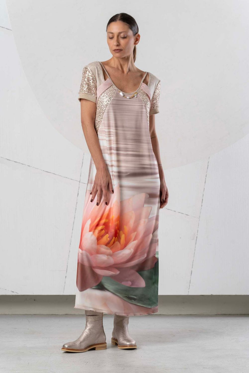 Elisa Cavaletti - Dress long lotus print with sleeves and sequins
