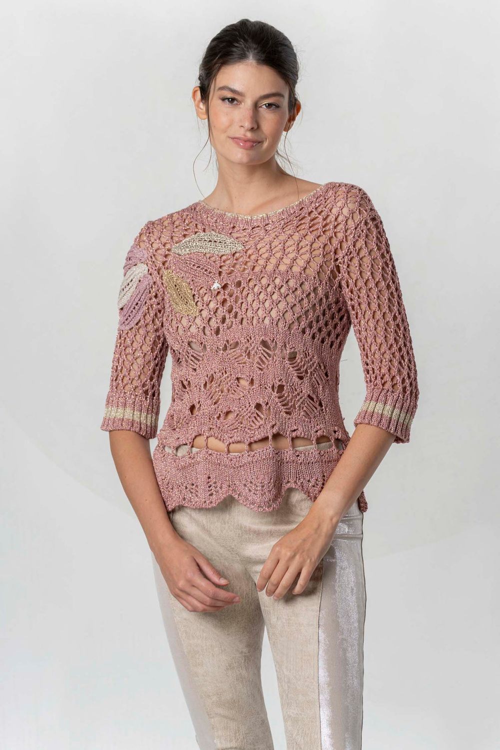 Elisa Cavaletti - Top knit floral embroidery pink lurex