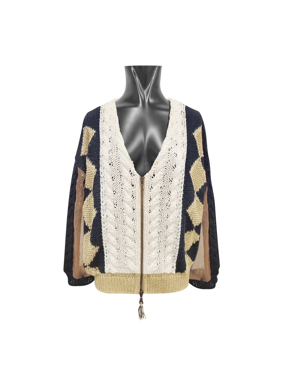 Tricot Chic - Cardigan braid losange organza beige brown