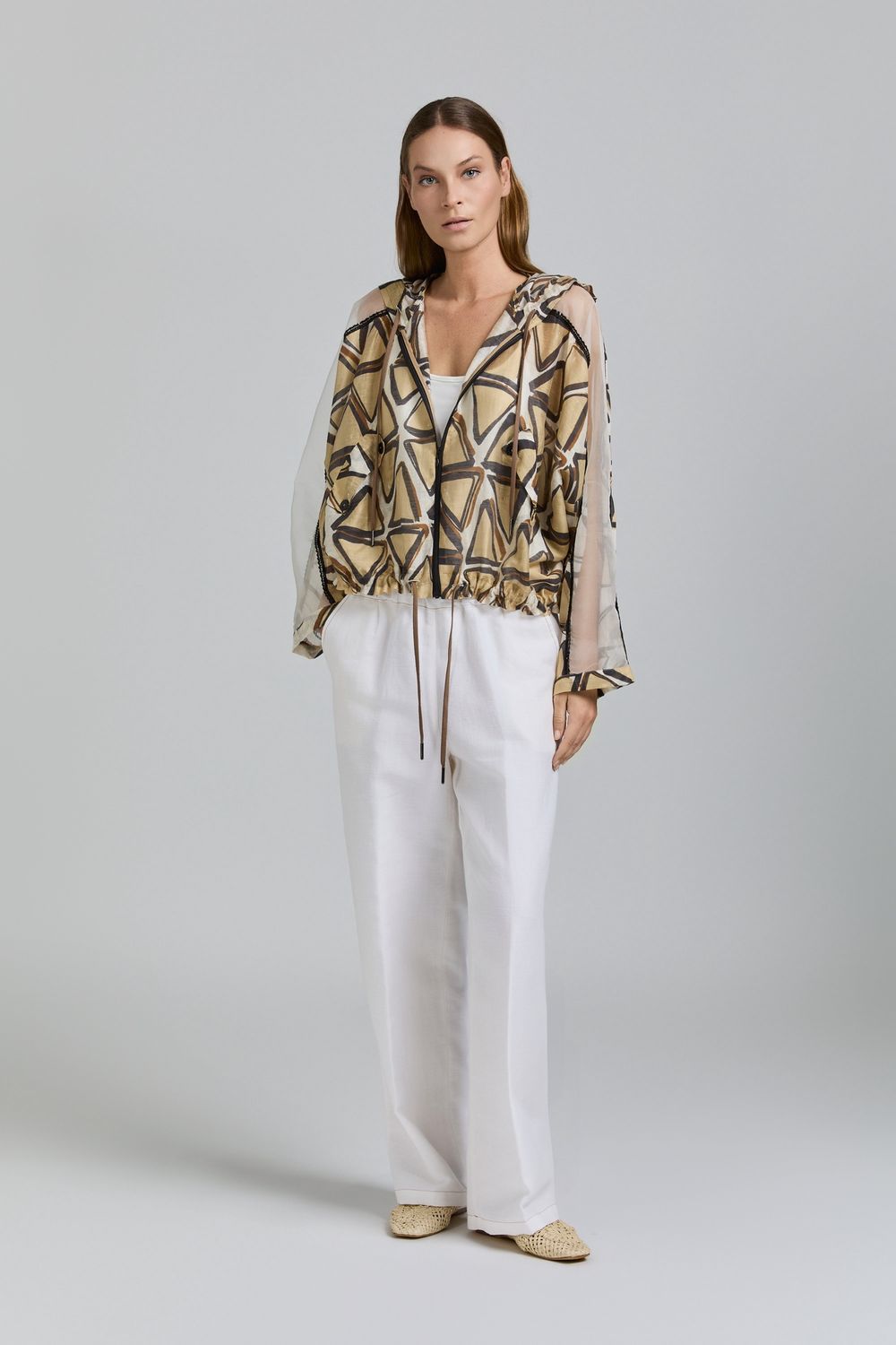 Tricot Chic - Bomber geomatric brown print organza