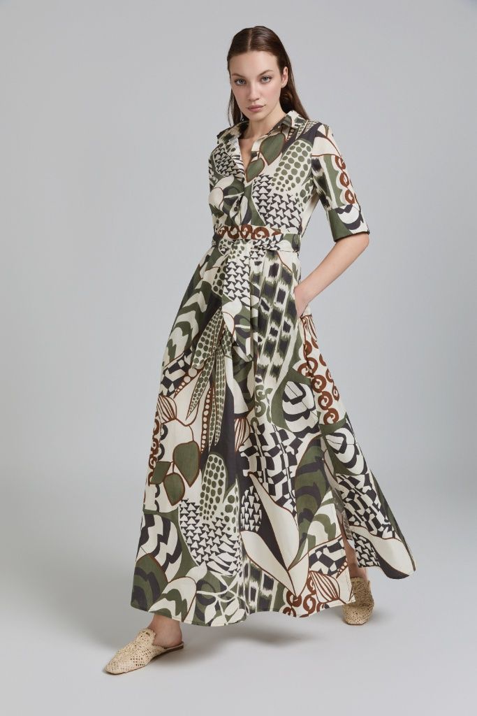 Tricot Chic - Dress long kaki print with belt