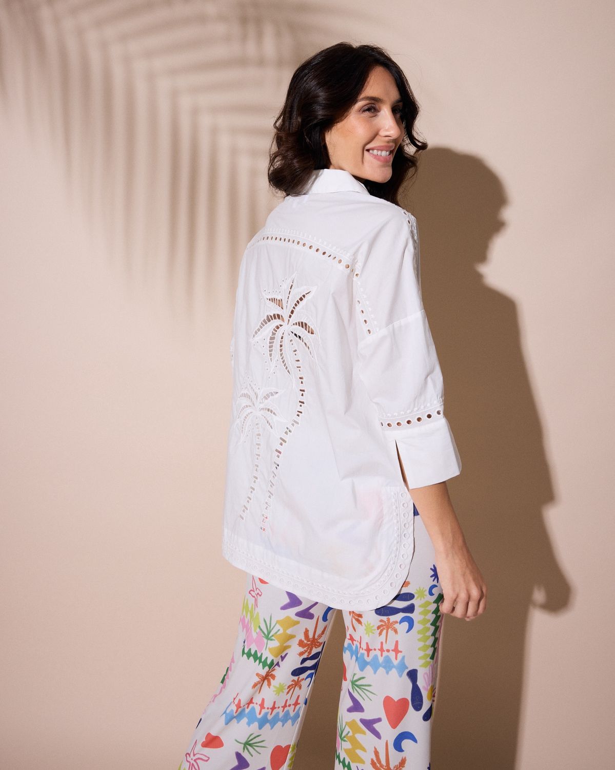 Fuego - Shirt white cotton palm embroidery