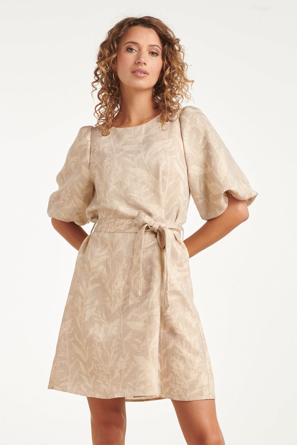 Dress linen botanical print dark sand