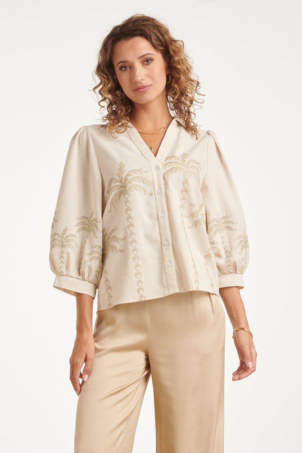 Blouse linen palm embroidery beige