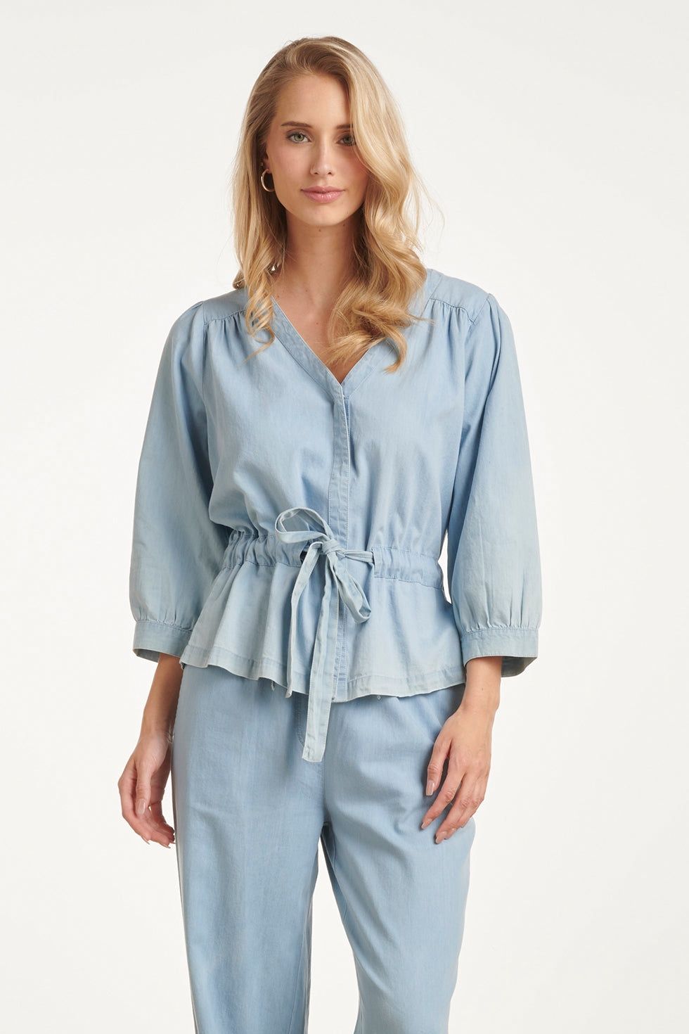 Blouse light denim drawstring