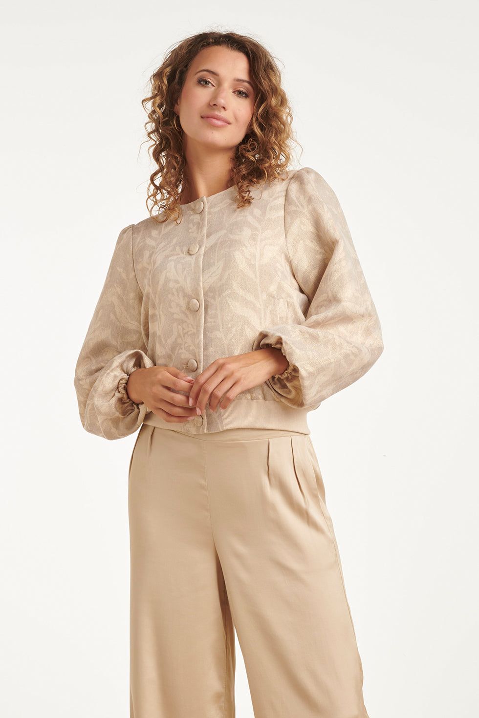 Bomber linen botanical print dark sand