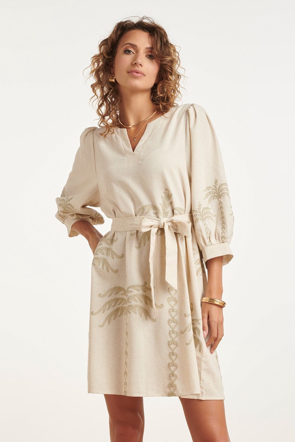 Dress linen palm embroidery beige