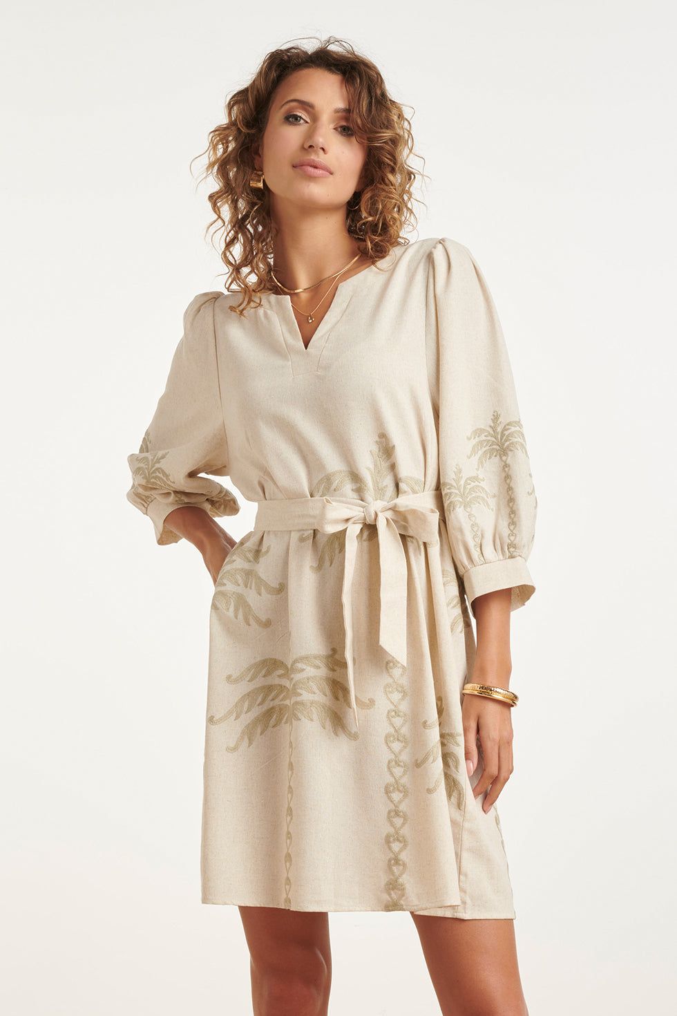 Dress linen palm embroidery beige