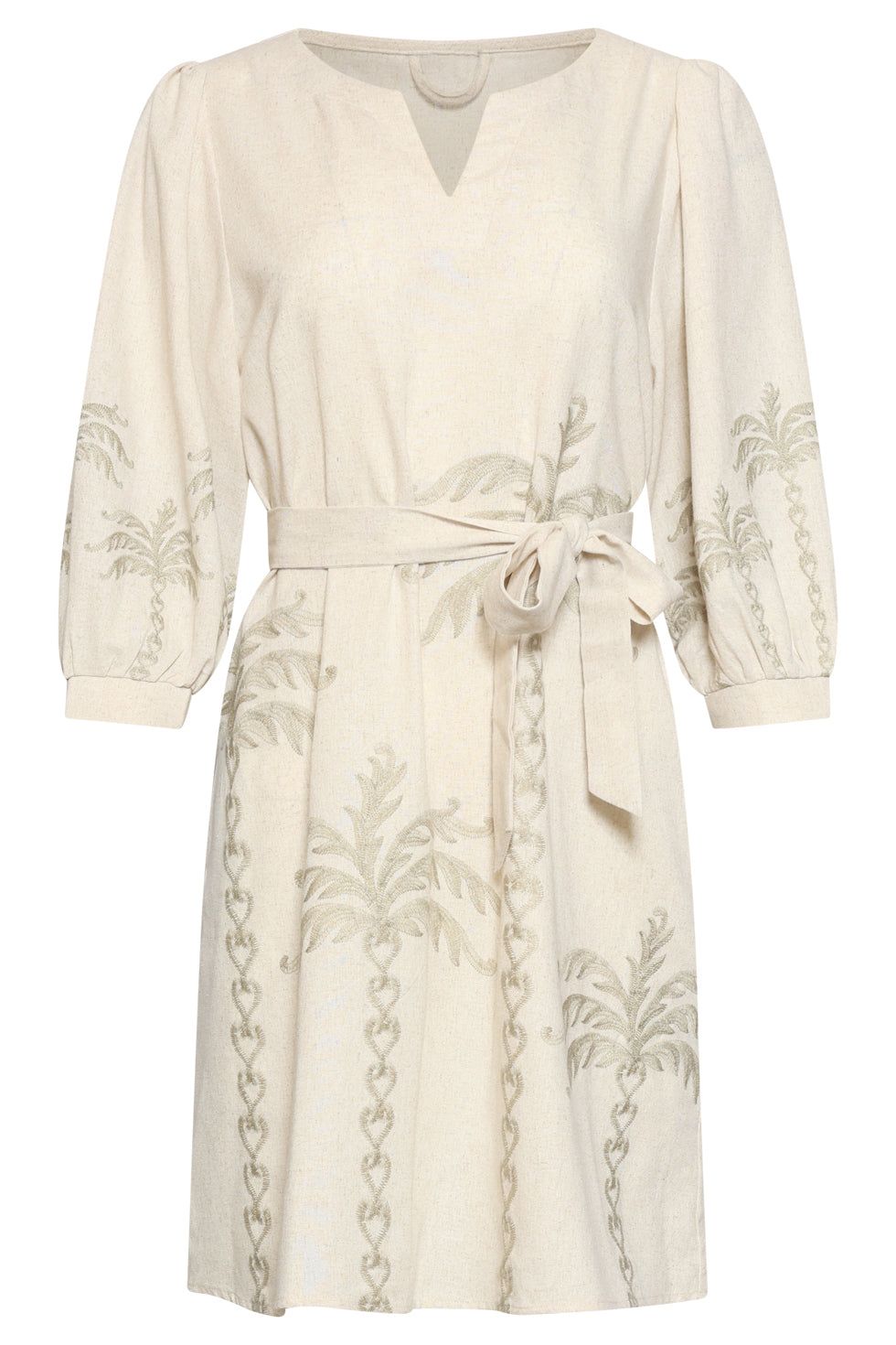 Smashed Lemon - Dress linen palm embroidery beige