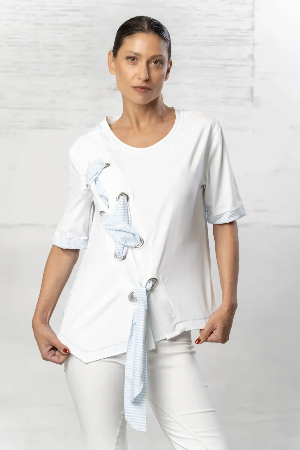 Elisa Cavaletti - Top short sleeves cotton stripe blue inserts