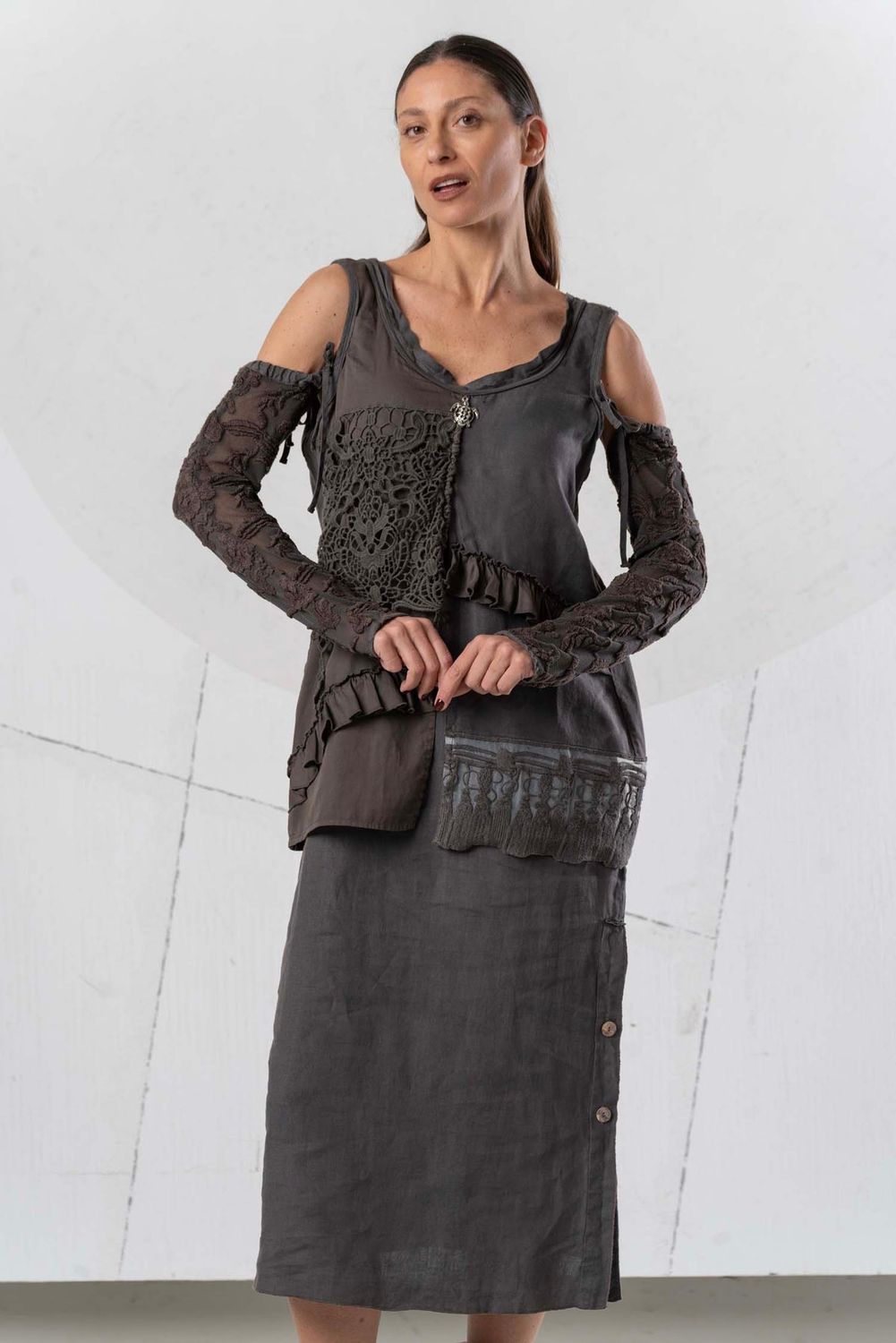 Dress long linen cold shoulders lace