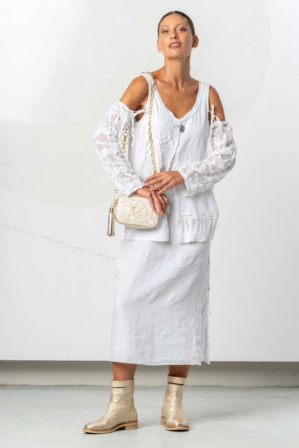 Dress long linen cold shoulders lace