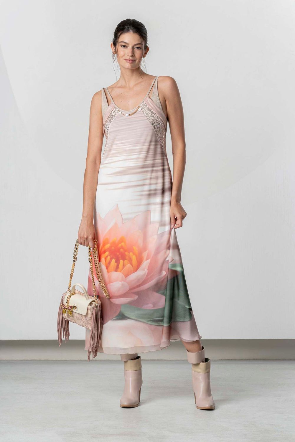 Dress long lotus print spaguetti straps