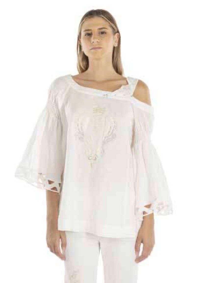 Elisa Cavaletti - Top linen cold shoulder embroided