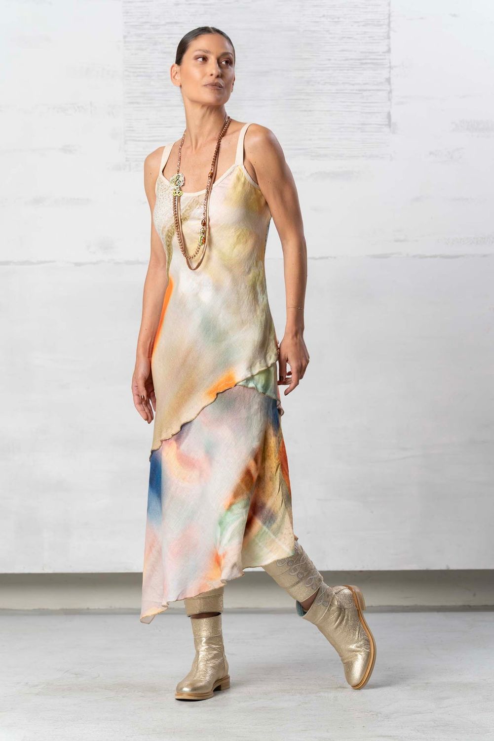 Dress long linen asymetric multi orange