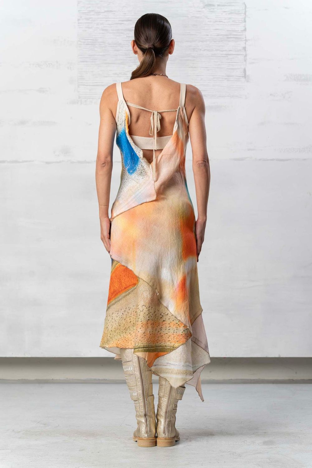 Dress long linen asymetric multi orange