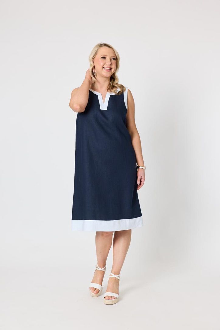 Gordon Smith - Dress linen sleevles white trim
