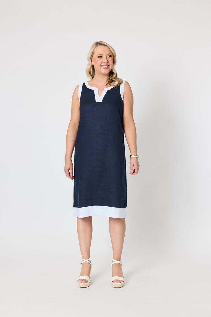 Gordon Smith - Dress linen sleevles white trim