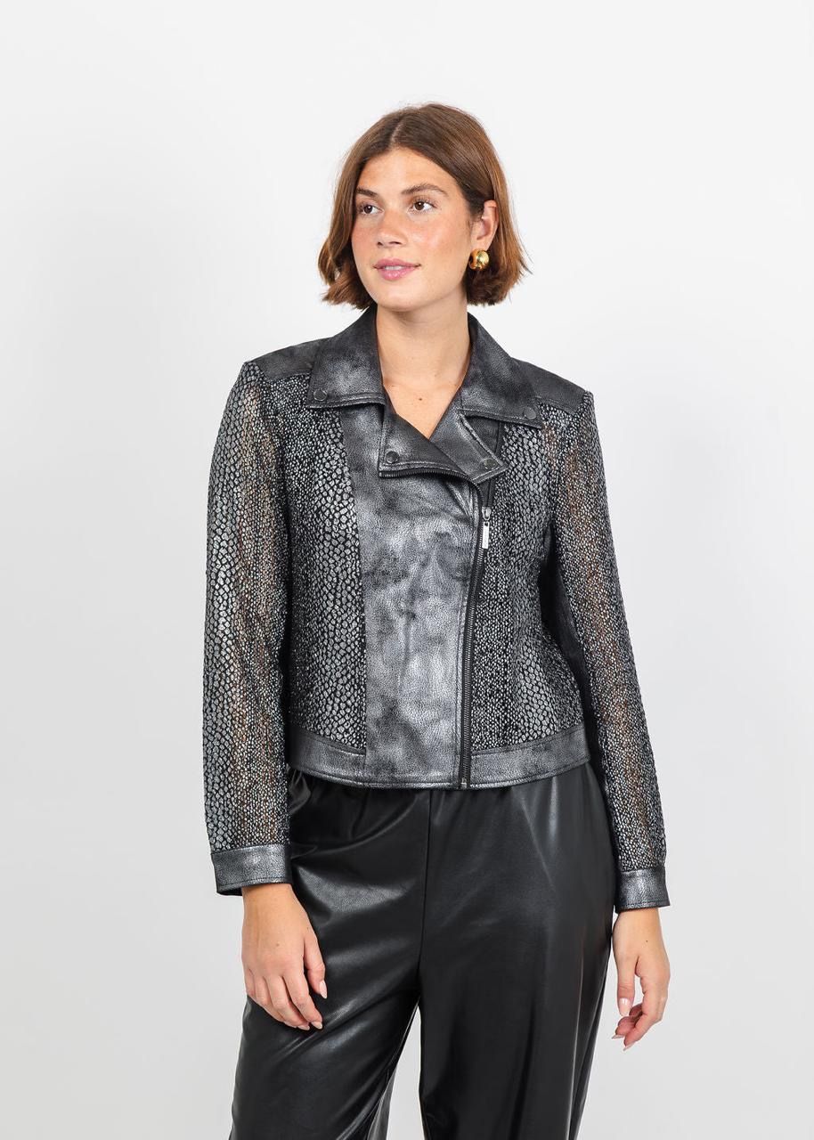 JOSEPH RIBKOFF Jacket suede metallic crochet knit