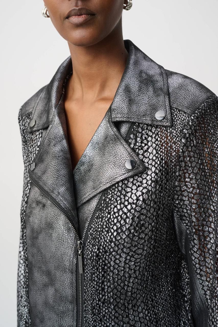 JOSEPH RIBKOFF Jacket suede metallic crochet knit