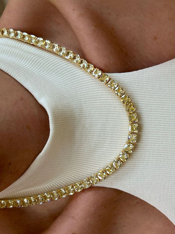 Necklace  “square zirconia stone Riviera Style" citrine color with plating yellow gold  (jewelry clasp)