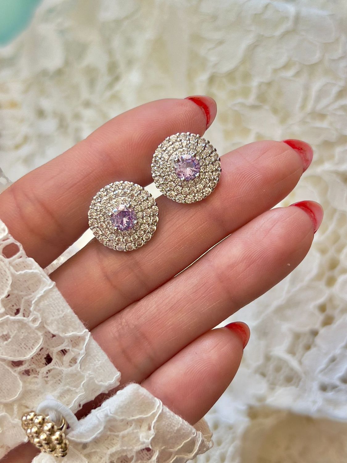 Earing “Pizza style“ with purple and pink zirconia stone receive plating white gold
