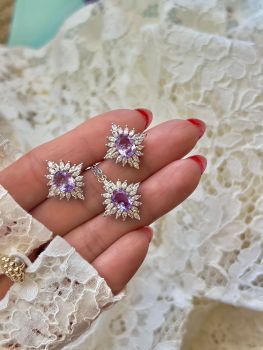 Set semi jewelry  white crystal Star zirconia stone and purple kunzita receive plating white gold