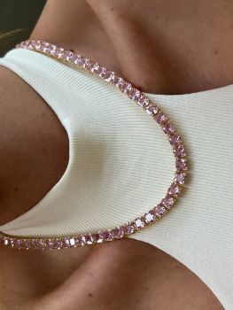 “Riviera Choker” with light pink square stone (jewel clasp) with yellow gold plating