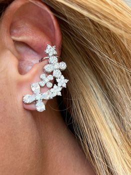 Flower Ear Cuff Earring with Crystal Zircon in White Rhodium Plating
