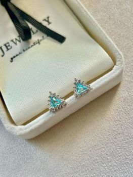 Triangle Earring with Aquamarine and Crystal Zirconia in White Rhodium Plating