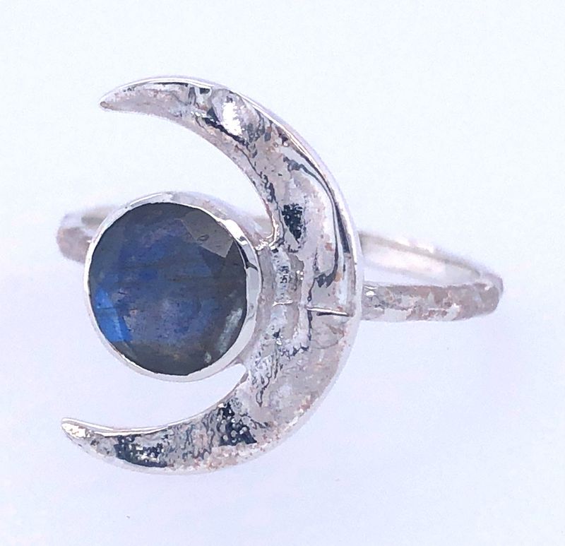 Labradorite Crescent Moon Crater Ring