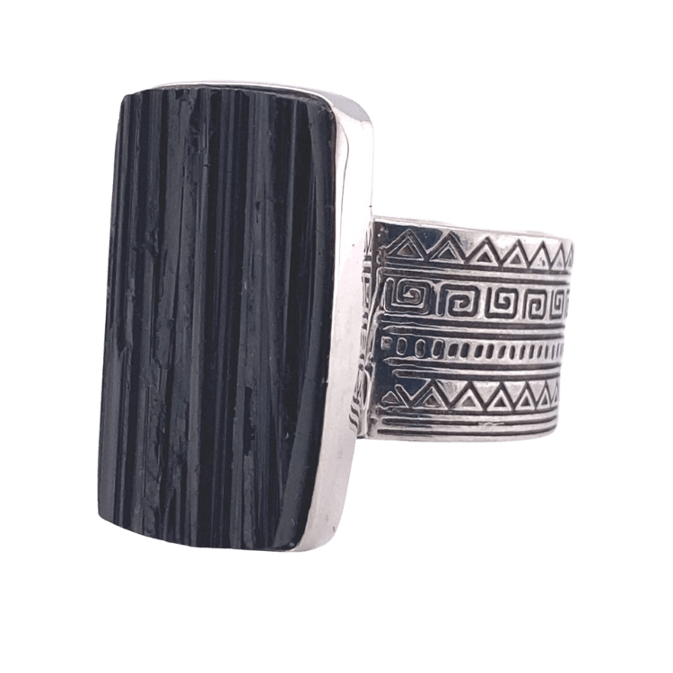 Black Tourmaline Sacred Tribe Unisex Rectangle Ring